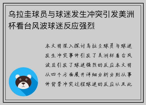 乌拉圭球员与球迷发生冲突引发美洲杯看台风波球迷反应强烈