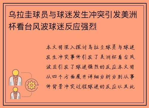 乌拉圭球员与球迷发生冲突引发美洲杯看台风波球迷反应强烈